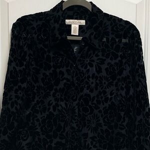 🔥 CLOTHES Sz Large Black Floral Sheer Button Down Blouse Great for Layering! Y2K